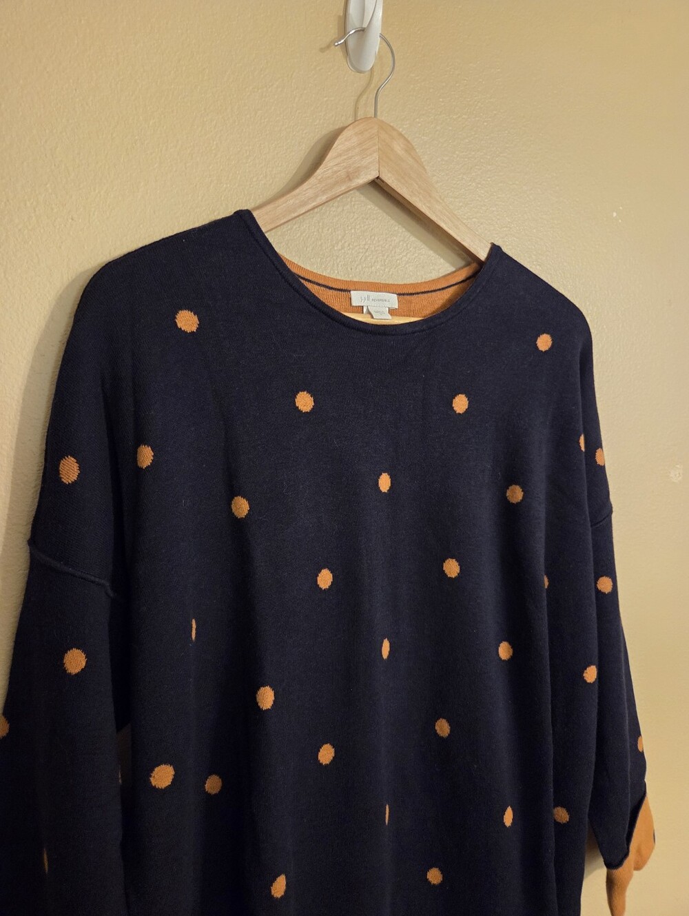 J.JILL Navy Blue Orangeβ Knit Polka-Dot Scoop Neck Reversible Tunic Sweater SZ L - Picture 3 of 12